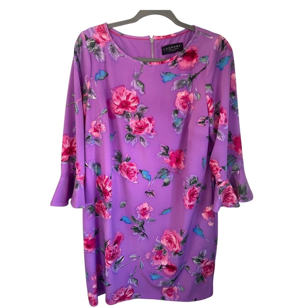 Laundry by Shelli Segal Floral Bell Sleeve Shift Dress - Purple & Pink - Size XL
